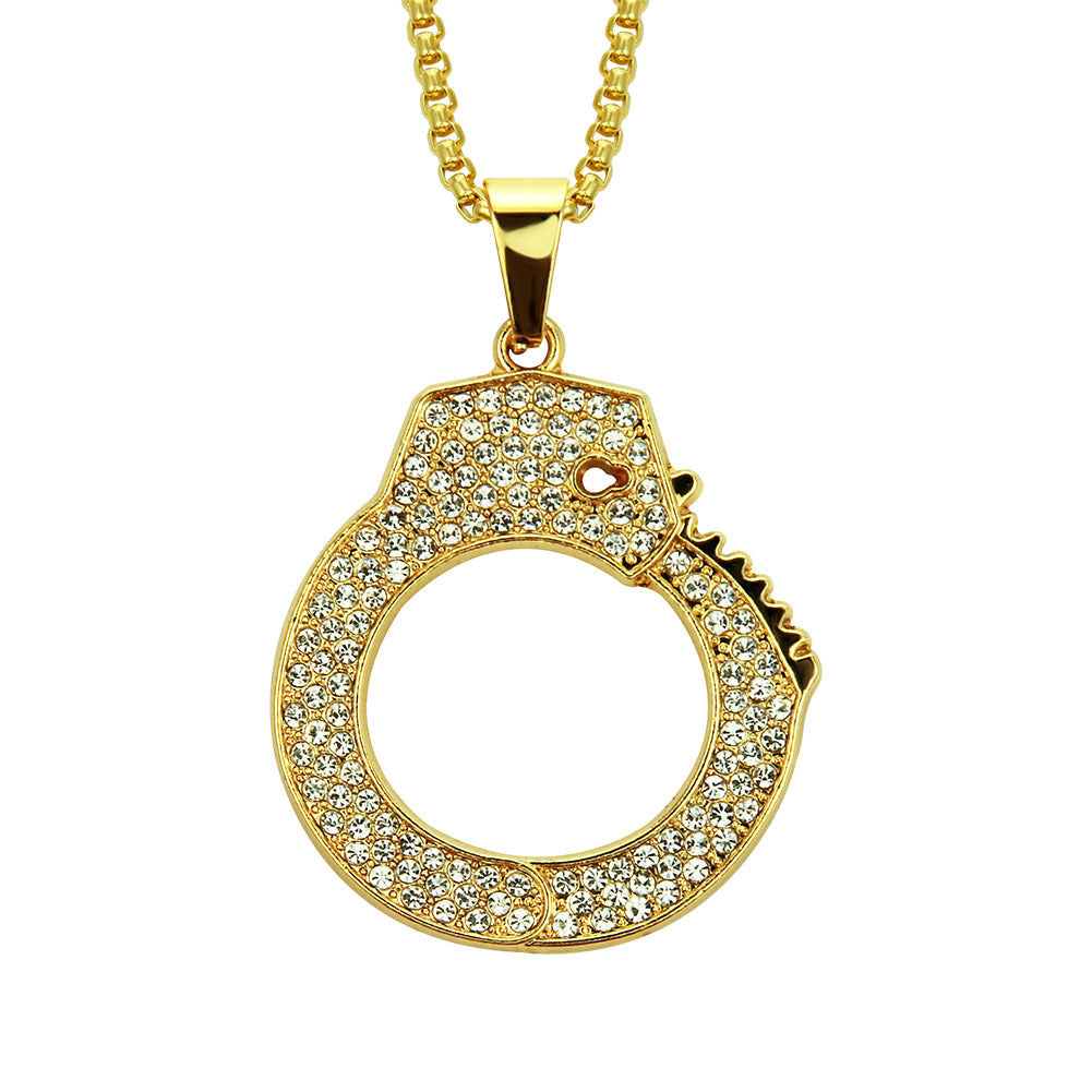 Hip Hop Rap Street Dance Ornament Diamond-embedded Personality Handcuffs Pendant Necklace Exaggerated Men Ornament